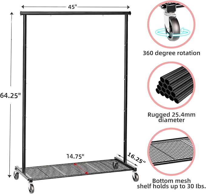 Clothing Clothes Rack on Wheels, Heavy Duty Portable Wardrobe for Hanging Clothes, Garment Rack with Bottom Mesh Shelf, Black