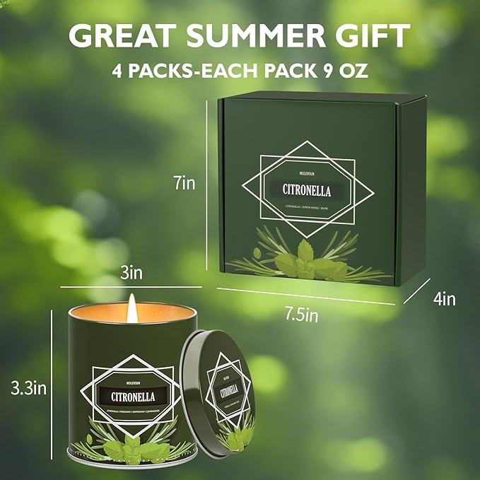 Citronella Candles Outdoor 4-Pack, Total 36oz Citronella Candles for Outside Patio, Camping & Garden, Summer Gifts for Indoor Home Scented, 50-Hour Burn Time, 9 Ounce Each