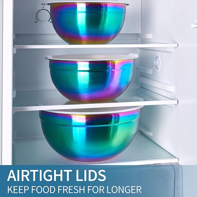 Rainbow Mixing Bowls With Airtight Lids,Stainless Steel Bowl,Salad Bowls 5 Piece Colorful Nesting Bowl Rainbow Kitchen Accessories,Size 5.5,3.6,2.7,2.1,1.5,QT Stackable Design