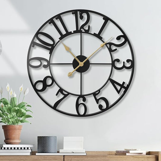 Wall Clock Battery Operated,Silent Non Ticking Modern Rustic Metal Small Clocks for Living Room/Bedroom/Office/Kitchen/Farmhouse Home Decor-16IN(Arabic Number-Black)