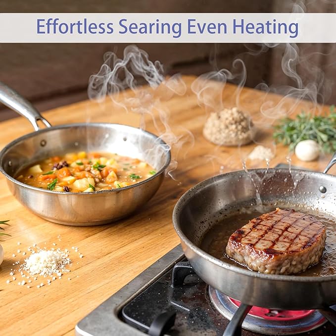 Tri-Ply Stainless Steel Frying Pan Set, 10 Inch and 11Inch, Induction Ready Egg Pan Stainless Cooking Pans with Lid, Dishwasher Safe, Oven Safe