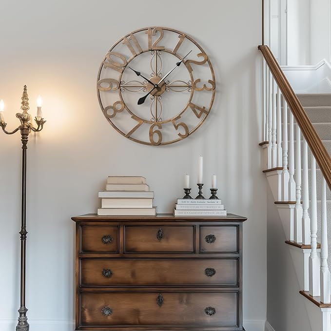 24 inch Wall Clock, Large Wall Clocks for Living Room, Decorative Metal Round Clock Battery-Operated Silent Non Ticking Retro Rustic Arabic Numerals Analog, Bronze