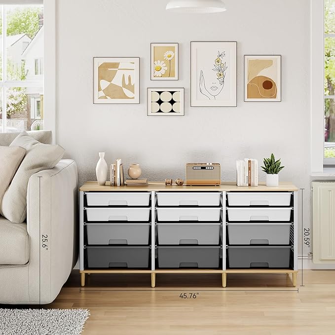 Storage Cabinet with 12 Drawers, Home Storage With Wooden Tabletop, Cube Storage Organizer for Living Room, Bedroom, Classroom, Office, Playroom, Craft Room, (Grey)