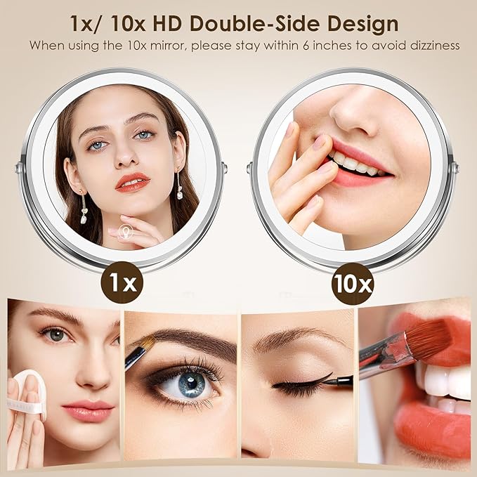 Wall Mounted Lighted Makeup Mirror, 8" Rechargeable Double-Sided Light up Magnifying Mirror 1x/10x, 3 Colors Led Vanity Mirror with Lights, Touch Dimmable 360° Rotation Foldable