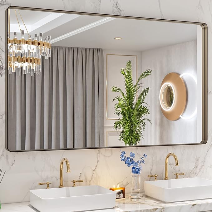 LOAAO 60”X36” Bronze Bathroom Mirrors for Vanity, Rounded Rectangle Brushed Bronze Metal Frame Mirror, Anti-Rust, Tempered Glass, Hangs Horizontally or Vertically