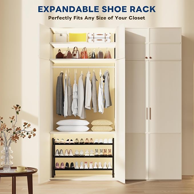 Mavivegue 3 Tier Expandable Shoe Rack for Closet, 19“- 43” Adjustable Shoe Rack for Entryway, Shoe Shelf, Black