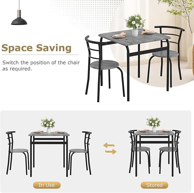 VECELO 3 Piece Dining Table & Chairs Set for 2, Metal and Wooden Square Kitchen Dinette Set for Small Space, Breakfast Nook, Saving Space, Grey