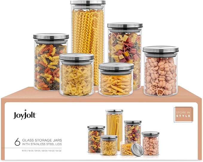 JoyJolt Kitchen Canister Set. 6 Glass Jars with Lids (Stainless Steel) Lids. Airtight Food Storage Containers for Pantry or Counter. Versatile Pantry Organization, Sugar Container or Cereal Canisters