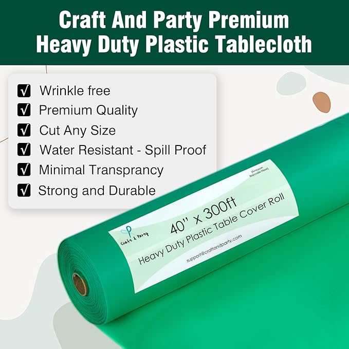 Craft And Party Emerald Green Plastic Table Cover Roll, 40Inch X 300Feet Disposable Plastic Tablecloth, Banquet Rectangle Tablecover Roll