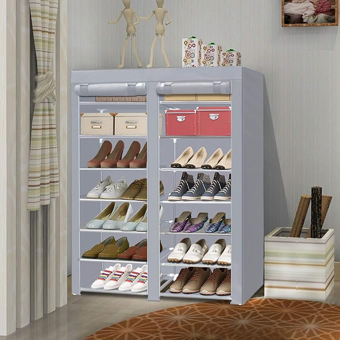 ERONE Shoe Rack Storage Organize, 28 Pairs Portable Double Row with Nonwoven Fabric Cover Shoe Shelf Cabinet for Closet