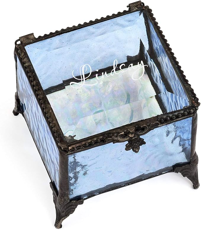 Personalized Blue Glass Box Decorative Vanity Display Case Storage Jewelry Organizer Keepsake Gift for Her Girl Women Vintage Decor J Devlin Ellen Box 837 EB245