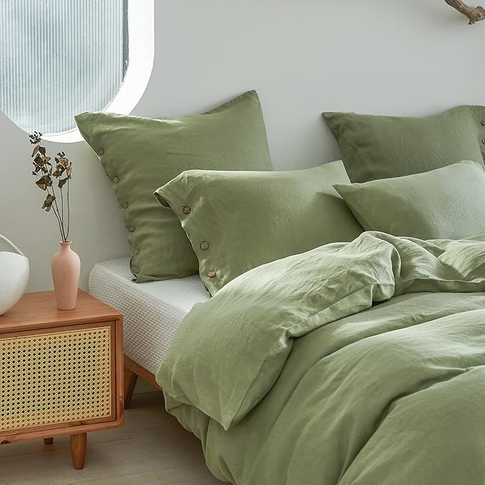 Simple&Opulence 100% Washed Linen Euro Sham Cover, 26 x 26 Inch, Decorative Bed Pillow Cover with Coconut Button, Solid Color Pillow Shams Set of 2 (Sage Green)