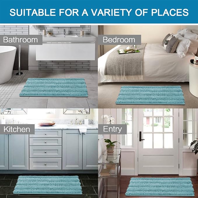 H.VERSAILTEX Extra Thick Chenille Striped Pattern Bath Rugs for Bathroom Non Slip - Soft Plush Shaggy Mats for Floor, Indoor, Entryway (Aqua Haze, 32 x 20 Plus 24 x 17 - Inches)
