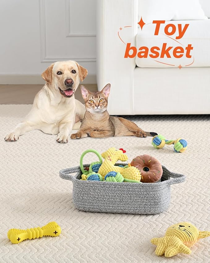 KALLAX Small Woven Basket, 12 x 8 x 4.5 Inches, Small Storage Baskets for Organizing, Gift Baskets Empty, Cute Rope Shelf Closet Storage Bins for Shelves, Dog Toy Basket, 3 Packs, Mixed Grey
