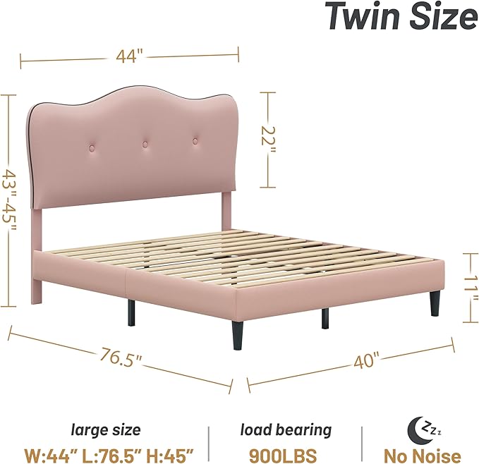 Twin Size Bed Frame, Upholstered Bed Frame with Headboard, Platform Bed Frame with Wood Slats Support, No Box Spring Needed, Adjustable Height Headboard, Pink