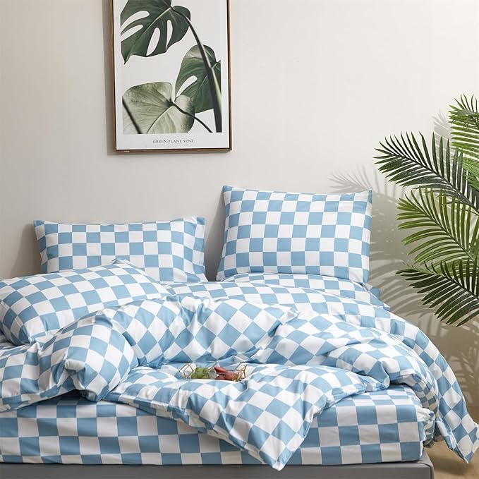 Blue and White Checkered Comforter Set Twin Comforter Set Lightweight Twin Bedding Set 3 Pieces Includes 1 Checkered Comforter (68"x90") and 2 Pillowcases (20"x26")