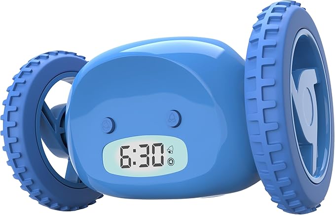 CLOCKY Extra Loud Alarm Clock for Heavy Sleepers on Wheels Rolls Runaway Vibrating Easy To Set Super Smart Snooze Digital Bed Shaker Alarm Clock Funny Gift for Adults Kids Teens Bedrooms (Blue Wheels)