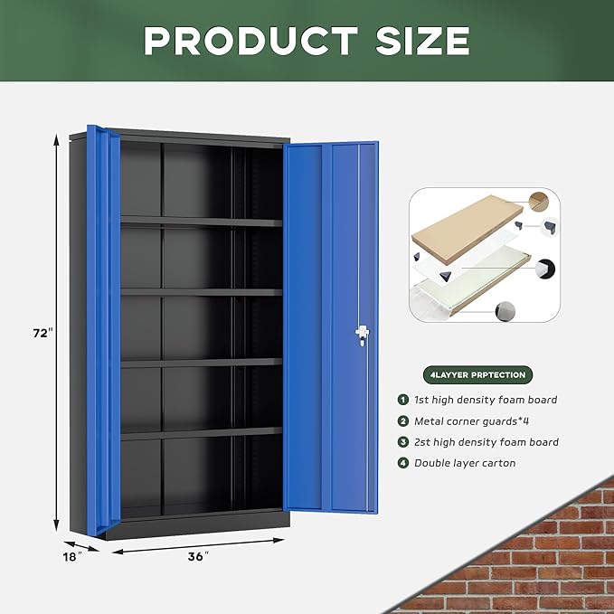 Greenvelly Metal Garage Storage Cabinet with Doors and Adjustable Shelves,72" Steel Lockable File Cabinet for Home Office,Garage,School(Black Blue,36" W x 18" D)