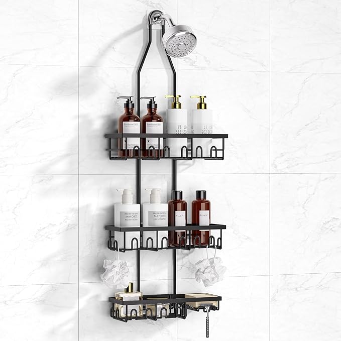 Shower Caddy,Rustproof Shower Shelves Over Shower Head,Extended Length shower rack with Soap Holder,Black