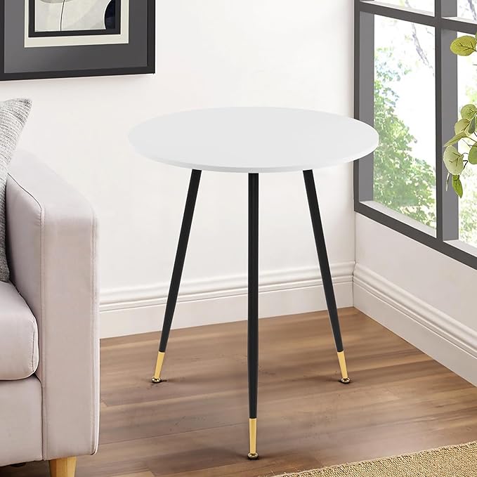 NOBPEINT Round Modern Wooden Side Table, 28 Inches End Table with 3 Metal Legs, Leisure Coffee Table (White)