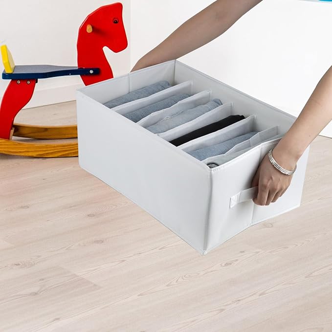 Extra Large Clothes Closet Organizer 6 Compartments for Jean Sweater Sheets to Shirt - Divided Clothing Storage Boxes for Closet, Wordrobe, Bedroom, Shelf (4pc White)