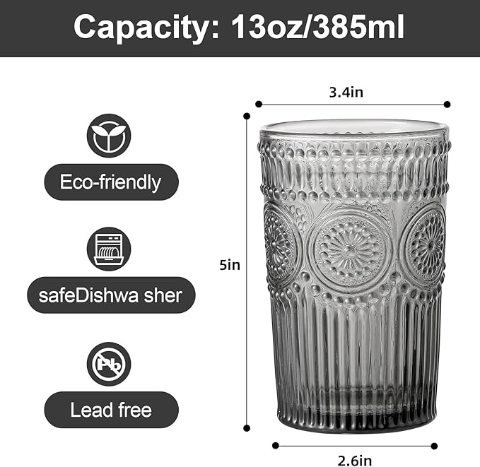 Vintage Glassware Drinking Glasses Set of 6,13 oz Grey Textured Flower Design Glass Water Tumblers,Embossed Striped Drinkware for Water,Cocktails,Juice,Iced Coffee