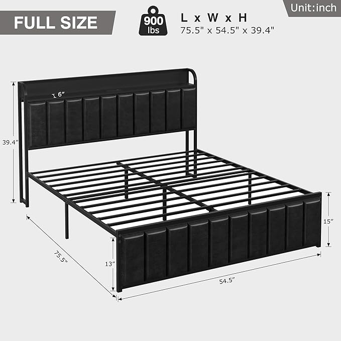 VECELO Bed Frame Full Size with Headboard, Upholstered Platform Bedframe, Heavy Duty Metal Slats, No Box Spring Needed, Easy Assembly, Classic Black