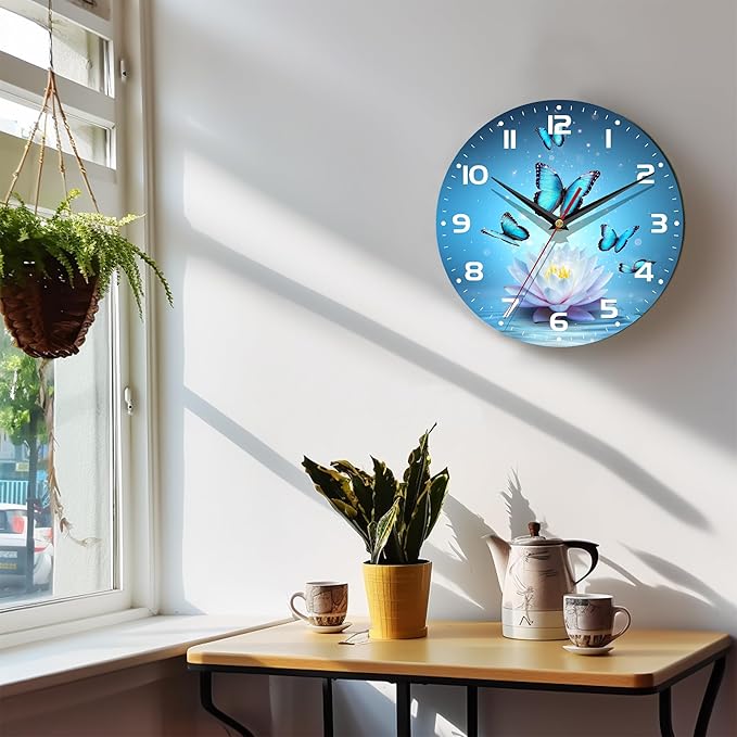 Wall Clock, 10 Inch Silent Non-Ticking Home Kitchen Decor, Battery Operated for Bathroom Bedroom Living Room Office(Magic Lotus Flower Butterfly)