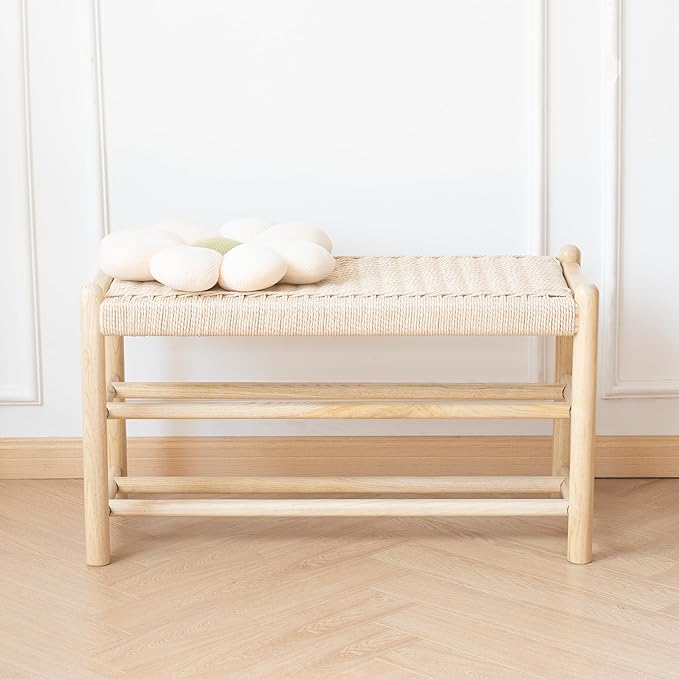 Solid Wood Entryway Bench with Shoe Storage, Rustic Oak Wood and Woven Design 31.5 Inch Long Seating for Living and Dining Rooms, 3-Tier Nature