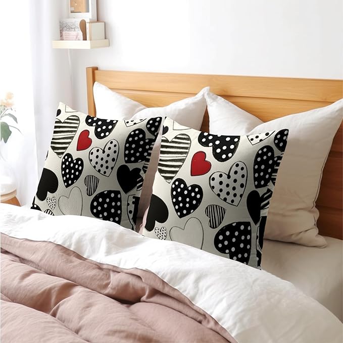 Kawani Valentines Day Pillow Covers 20x20 Inch Black and White Heart Outdoor Decorative Throw Pillow Covers Set of 2 Valentine's Day Pillowcases Farmhouse Cushion Covers for Couch Sofa Decor