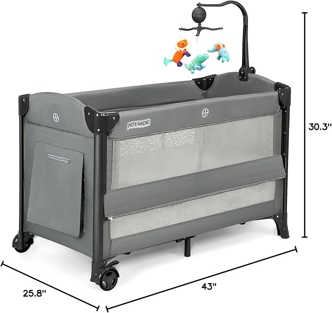 JOYMOR Baby Bassinet, Pack and Play with Bassinet and Carry Bag, Convert to Bedside Sleeper with Toy, Wheels for Boys Girls (Gray)
