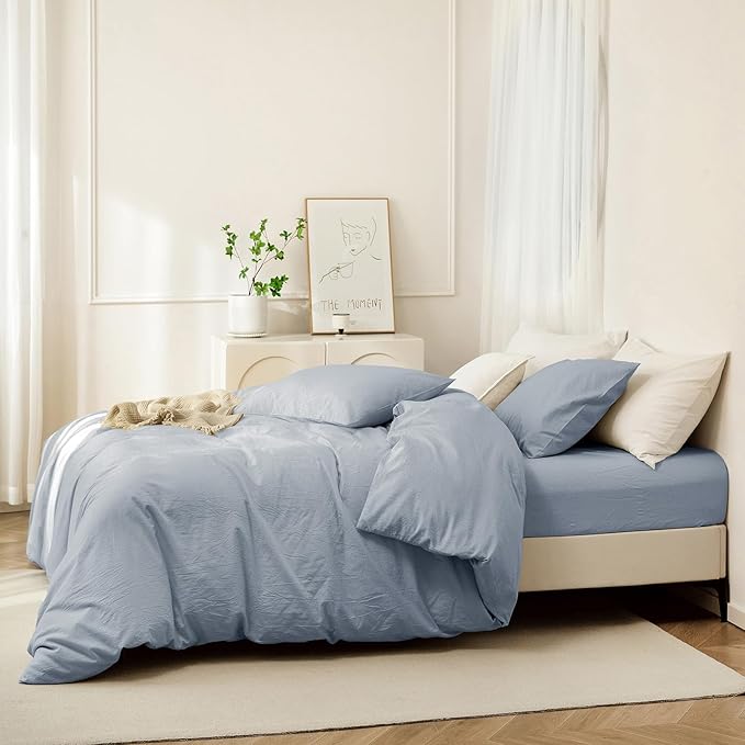 JIYUAN 100% Washed Cotton Duvet Cover Set 3 Pieces King, 1 Duvet Cover 104x90 Inches(Comforter Not Included) and 2 Pillowcases,Linen Feel Bedding Set Comfy and Breathable, Heathered Light Blue