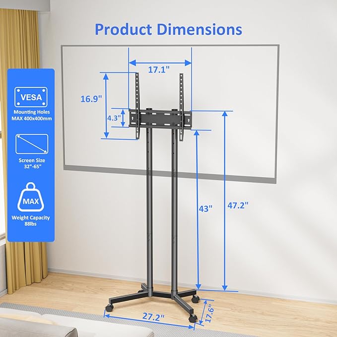 Rolling TV Stand for 32 to 65 inch TVs up to 88 lbs, Mobile TV Cart with Lockable Wheels, Height Adjustable, Max VESA 400x400mm, Portable Mobile TV Stand for Bedroom, Office, Outdoor, Black
