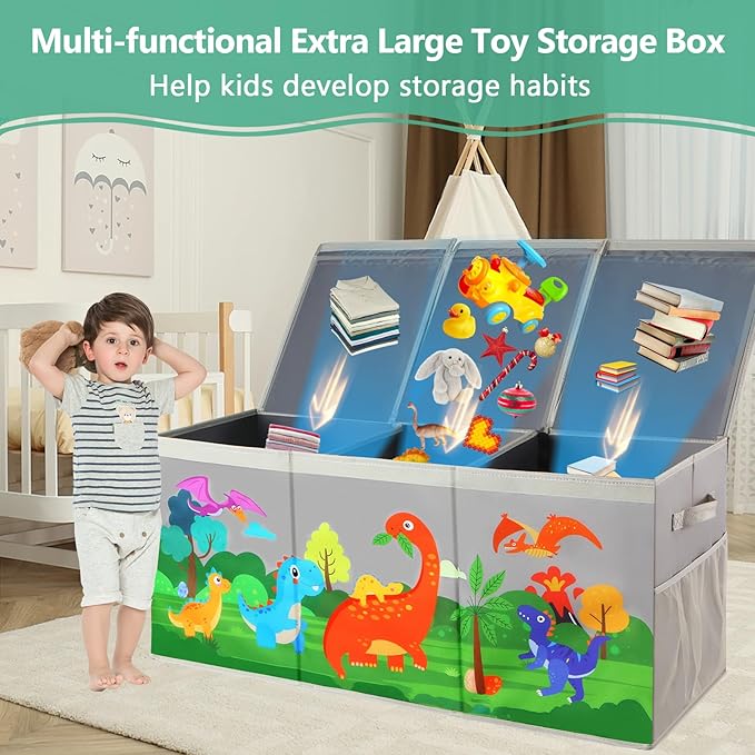Extra Large Toy Box Chest with Lids, Collapsible Toy Storage Organizer for Kids, Dinosaur Toy Bin Box for Toddlers Boys Girls, Toy Organizer for Living Room Nursery Playroom Bedroom Home Grey