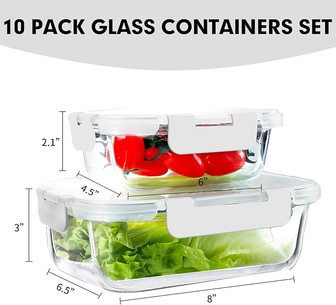 VERONES 10Pack Glass Meal Prep Containers, Airtight Glass Lunch Containers,Stackable Food Storage Containers Set with Lids,Exclusive of BPA, for Microwave,Oven, Freezer&Dishwasher Friendly,White