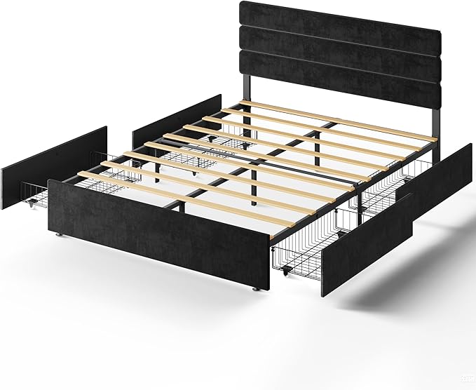 WLIVE Queen Size Upholstered Bed Frame with 4 Drawers and Velvet Square Tufted Headboard, Sturdy Metal & Wooden Slats Support, No Box Spring Needed, Easy Assembly, Black