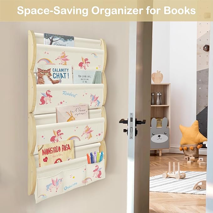 Wooden Wall Mounted Bookshelf for Kids Rooms, 4 Tier Floating Nursery Book Shelf, Kids Bookshelf with 2 Pockets, Toddler Sling Book Rack with Deep Sleeves (Unicorn)