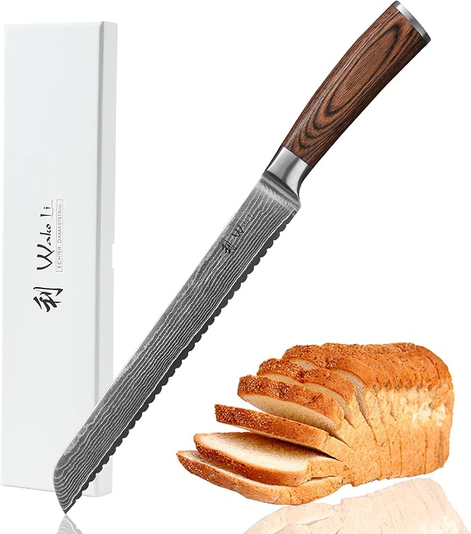 Wakoli Long Bread Knife, 9.1-inch Blade Damascus Chef Knife made from 67 Layers of Damascus Steel with VG10 Core, Sharp Kitchen Knives with Pakkawood Handle, Chefs Knifes for Breads in Gift Box (EDIB)