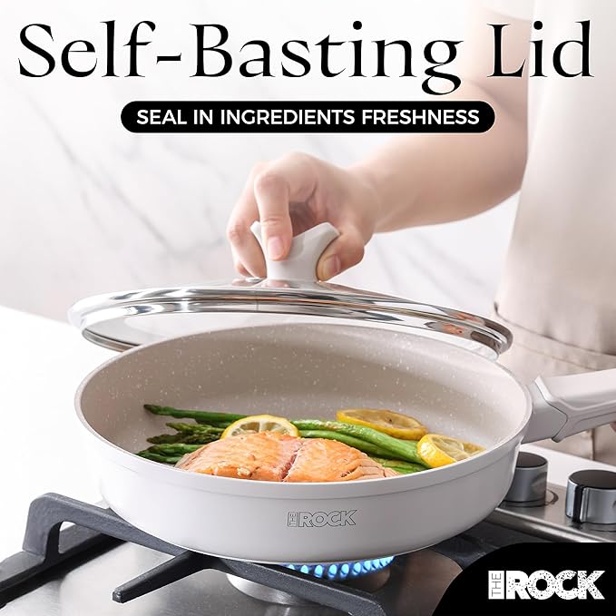 THE ROCK SOHO 8-Inch Non Stick Frying Pan with Lid–Nothing Sticks, Never Warps, Lasts Longer, Ceramic Non Toxic Skillet with Heat-Resistant Handle, PTFE PFOA & PFAS Free, Oven & Dishwasher Safe, Cream