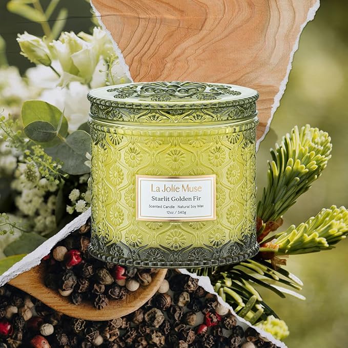 LA JOLIE MUSE Fir & Cedarwood Candle, Christmas Candles for Home Scented, Large 2-Wick Soy Candles, Luxury Jar Candle Gifts for Women & Men, 60 Hours Long Burning, Starlit Golden Fir, 12oz