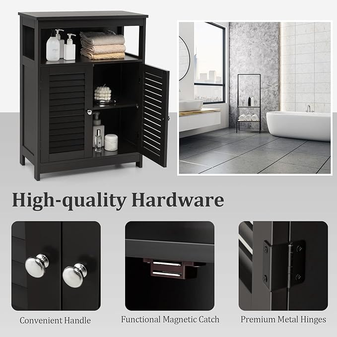 Tangkula Bathroom Floor Cabinet, Wooden Freestanding Storage Cabinet with Double Shutter Door & Adjustable Shelf, Storage Cabinet for Bathroom Living Room (Black)