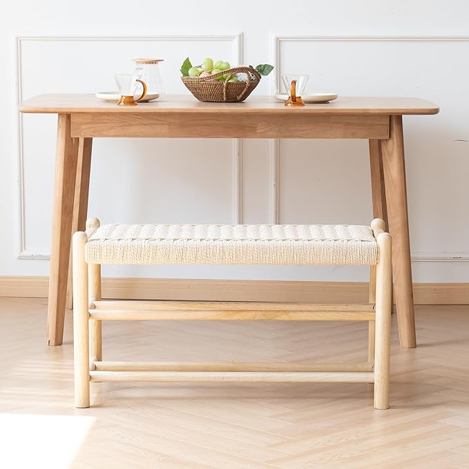 Solid Wood Entryway Bench with Shoe Storage, Rustic Oak Wood and Woven Design 31.5 Inch Long Seating for Living and Dining Rooms, 3-Tier Nature