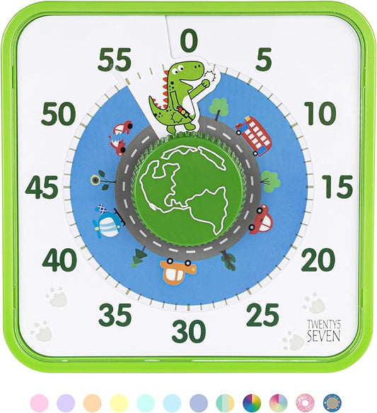TWENTY5 SEVEN Countdown Timer 7.5 inch, 60 Minute 1 Hour Visual Timer for Classroom Teaching Tool Office Meeting, Mechanical Countdown Clock for Kids Exam Time Management Magnetic, Green Dinosaur