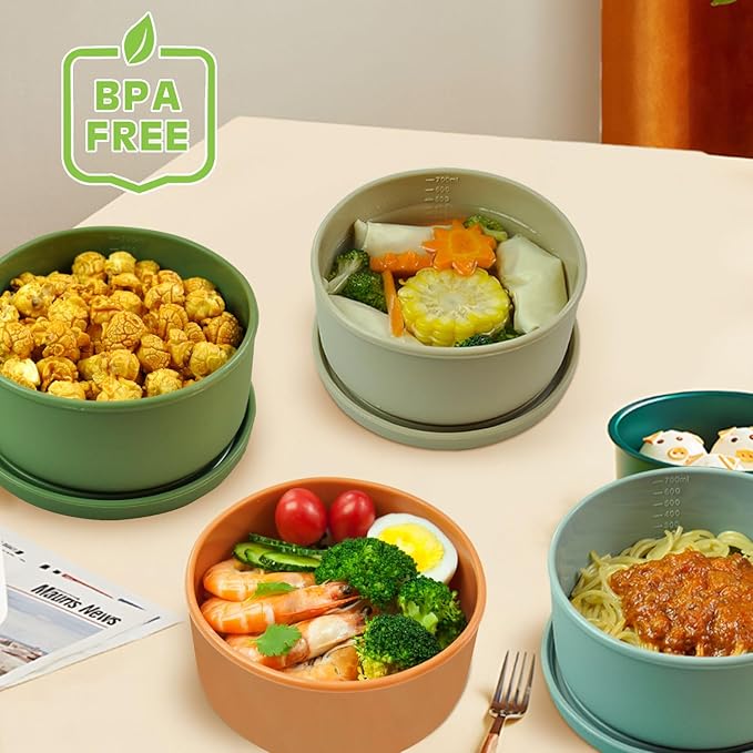 XU&PEIQI 24oz Silicone Food Storage Containers,Round Bowls with Lids - Meal Prep Containers for Kitchen Serving, Salad & Lunch - Airtight, Microwave/Fridge/Dishwasher Safe, BPA-Free (Grass green)