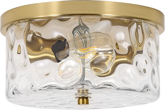 LamQee 9.8" Small Flush Mount Ceiling Light with Clear Hammered Glass, Brushed Gold Hallway Light Fixtures Ceiling Mount for Bathroom, 2-Lights Farmhouse Close to Ceiling Light Kitchen Foyer Bedroom