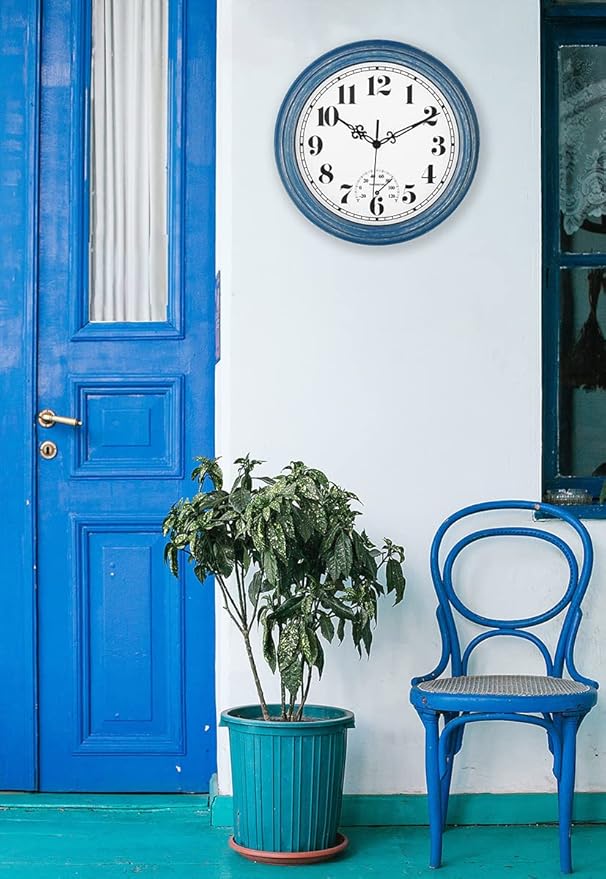 zyzamay 12 Inch Indoor Outdoor Clocks,Waterproof Wall Clock with Thermometer,Easy to Read,Non-Ticking Battery Operated Quality Quartz Clock, Decorative for Patio,Porch,Pool,Bathroom,Deck(Blue)