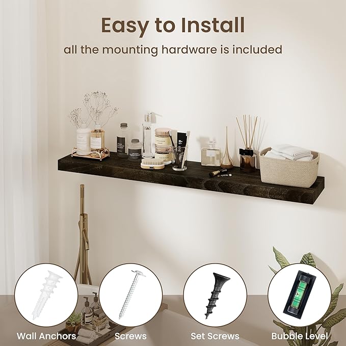 fuqing Floating Shelves for Wall - 48 Inch Natural Wood Shelves Set of 1-48W x 9.3D x 1.6H Wall Mounted Shelves with Upgraded Metal Brackets for Room Wall