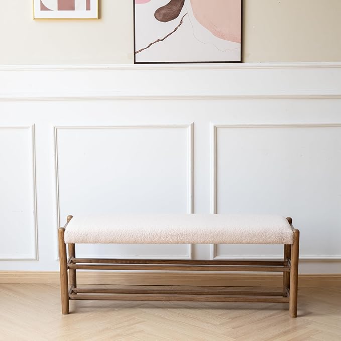 Solid Wood Entryway Bench with Shoe Storage, Rustic Oak Wood and Sherpa Fabric 45 Inch Long Seating for Living and Dining Rooms, 3-Tier White
