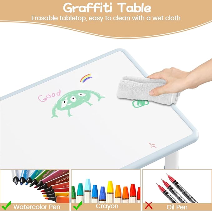 GarveeHome Kids Table and 4 Chairs Set, Height Adjustable Toddler Table and Chair Set, Graffiti Desktop, Children Study Table for Home Daycare Preschool for Ages 2-8