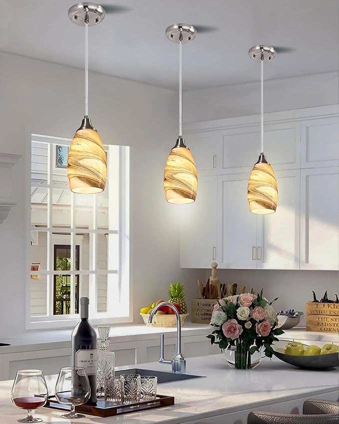 Mini Pendant Lights Kitchen Island Light Brown Glass Lamp Shade Hand Blown Glass Pendant Light with Brush Nickel Finish Adjustable Cord for Kitchen Over Sink, Dining Room (Light Brown-1P)